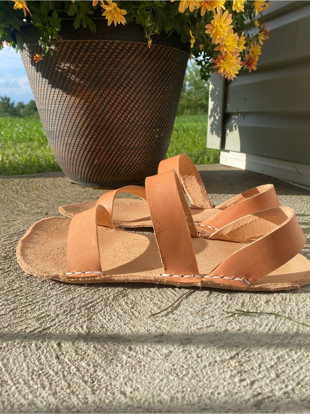 Men's Tan Leather Slide Sandals with Dual Strap Design